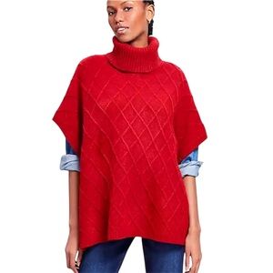 LOFT Red Cable-Knit Turtleneck Poncho Sweater